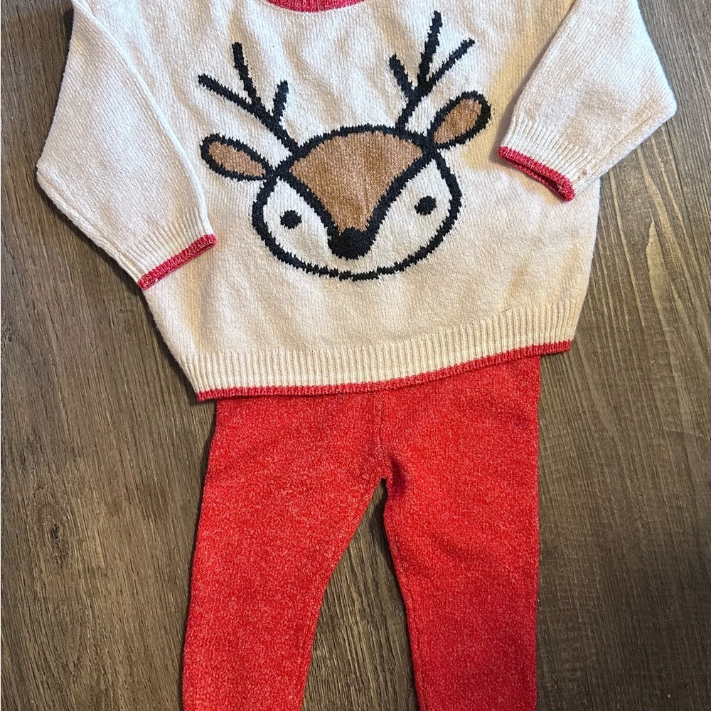 Cat & Jack Reindeer Sweater and Red Leggings Set